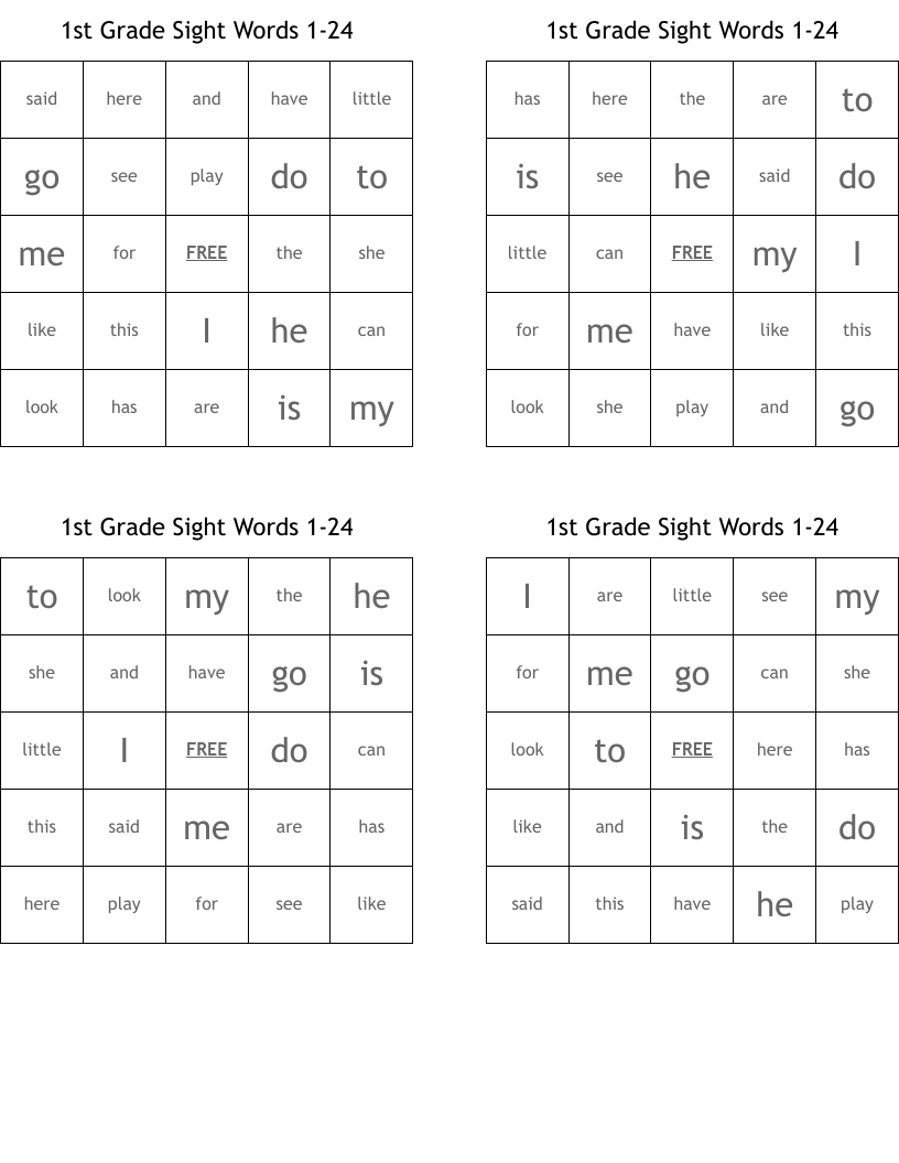 1st Grade Sight Words 1-24 Bingo Cards