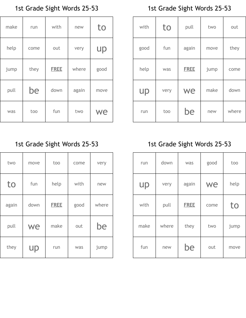 1st Grade Sight Words 25-53 Bingo Cards