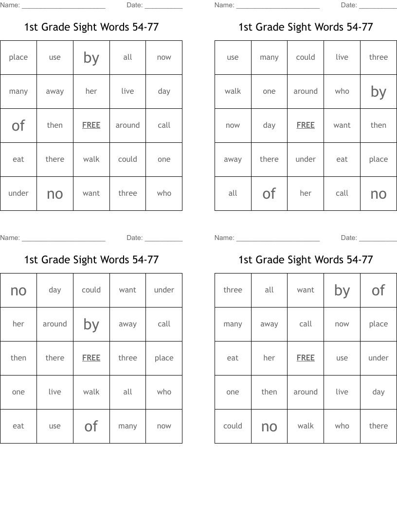 1st Grade Sight Words 54-77 Bingo Cards