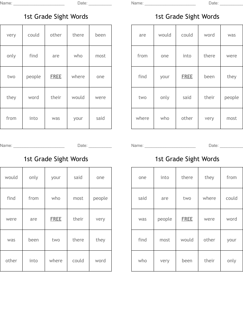 1st Grade Sight Words Bingo Cards