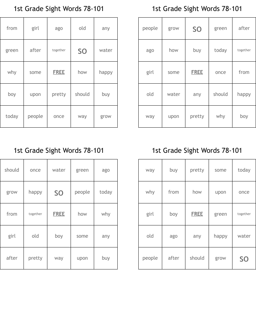 1st Grade Sight Words 78-101 Bingo Cards