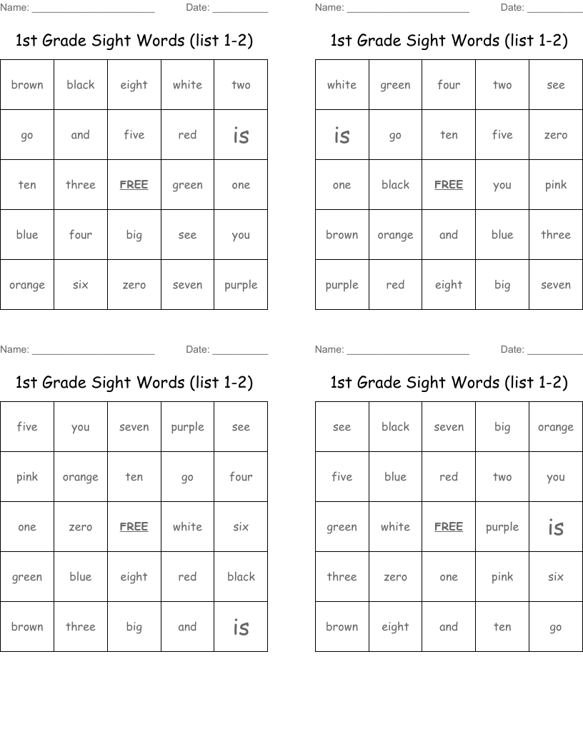 1st Grade Sight Words  (list 1-2) Bingo Cards
