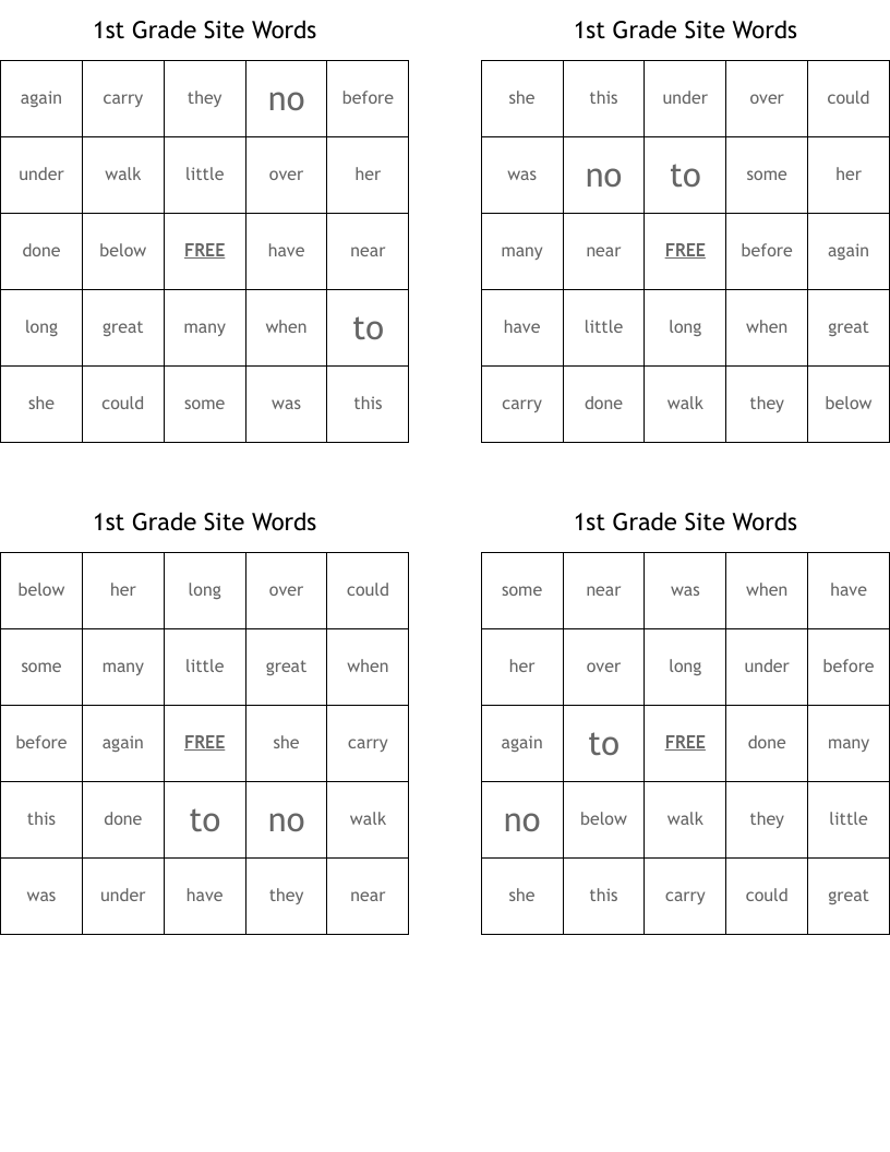 1st Grade Site Words Bingo Cards