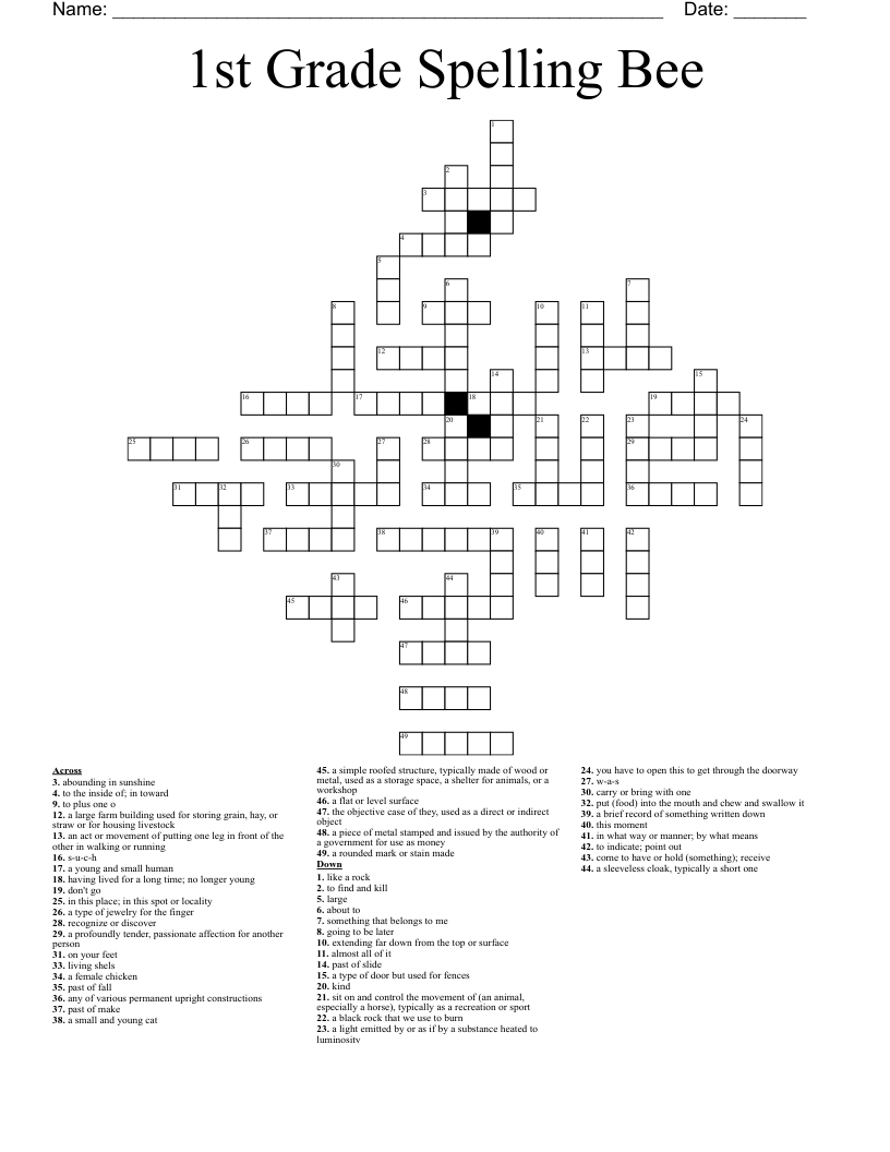 1st Grade Spelling Bee Crossword