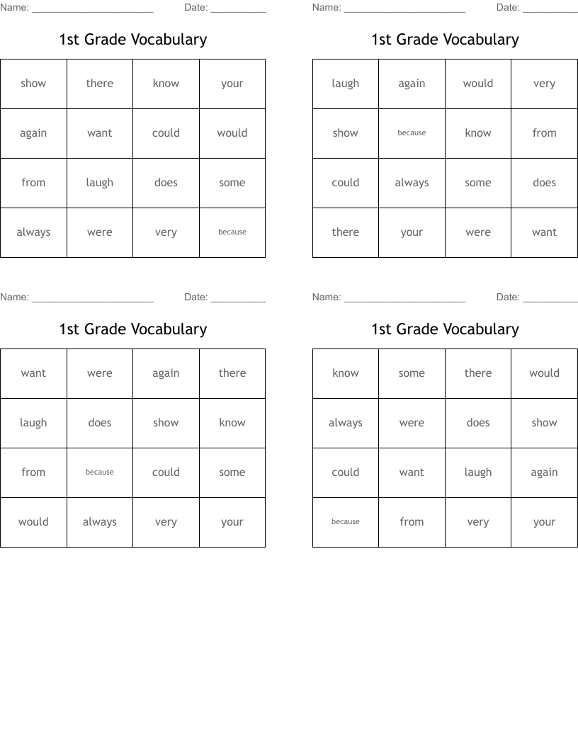 1st Grade Vocabulary Bingo Cards