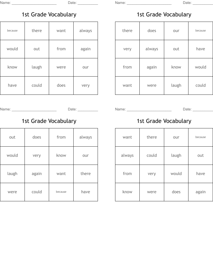 1st Grade Vocabulary Bingo Cards