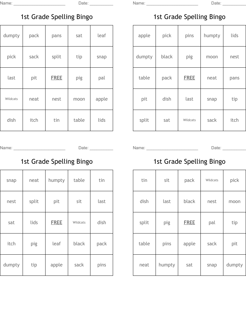 1st Grade  Spelling Bingo