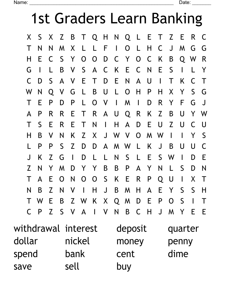1st Graders Learn Banking Word Search