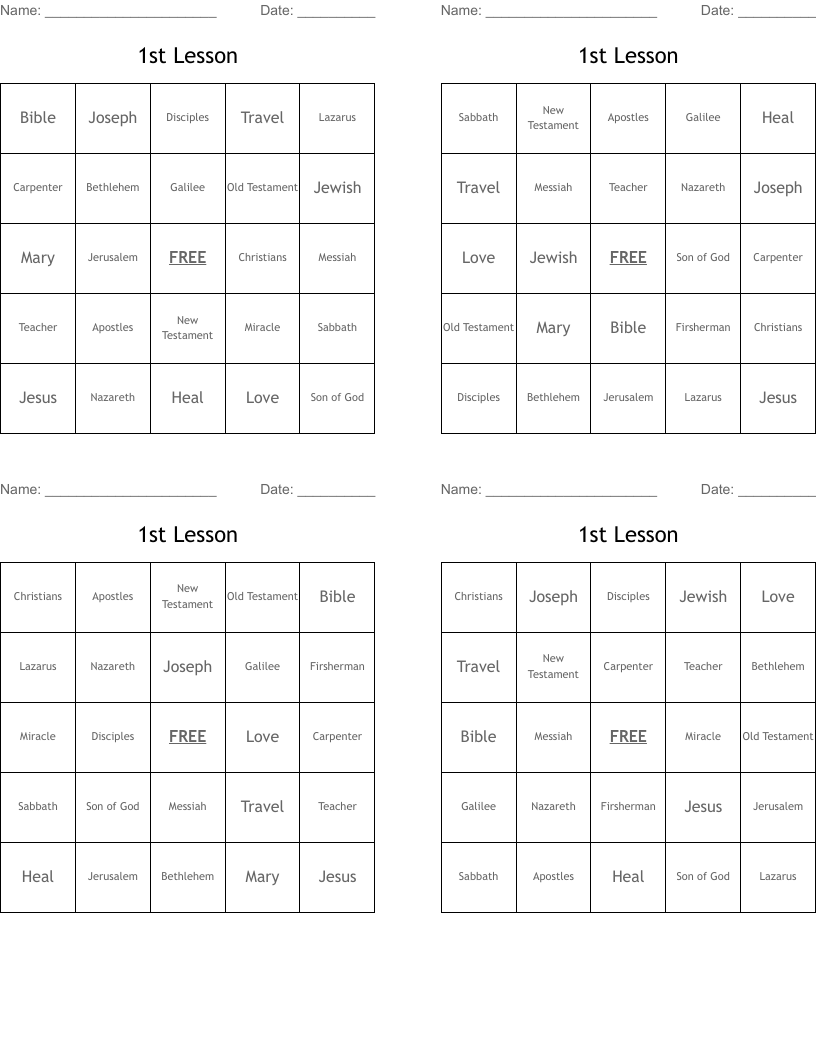 1st Lesson Bingo Cards