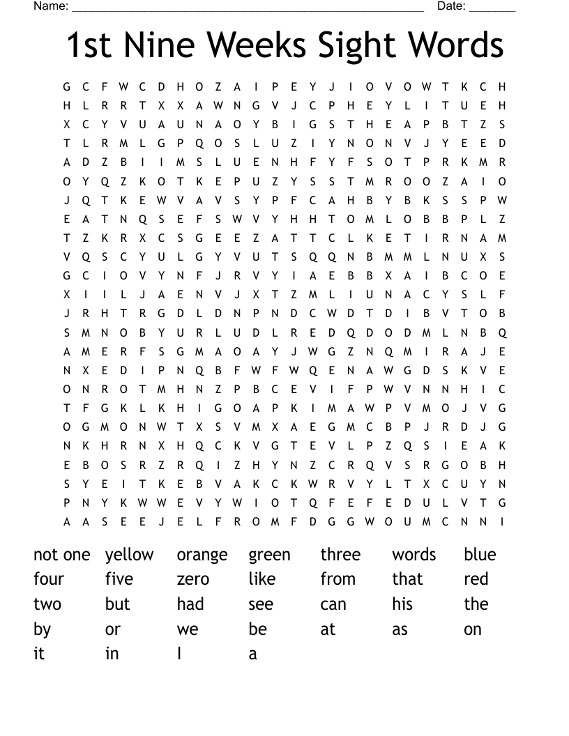 1st Nine Weeks Sight Words Word Search