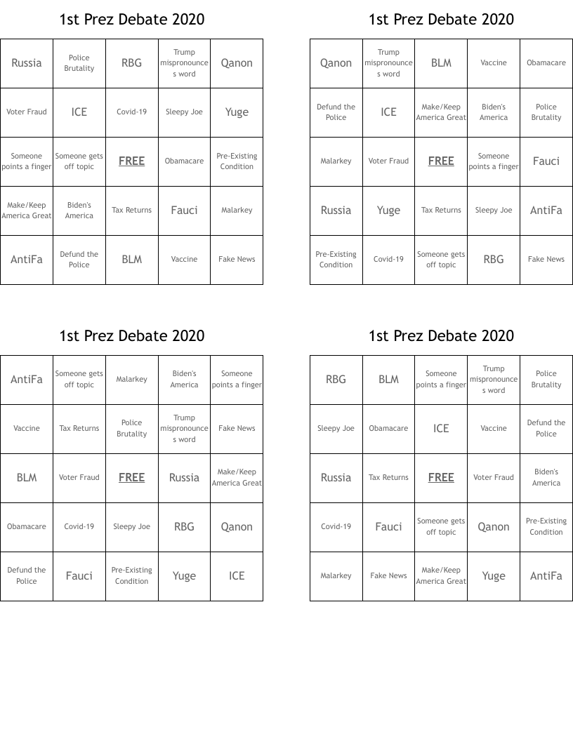 1st Prez Debate 2020 Bingo Cards