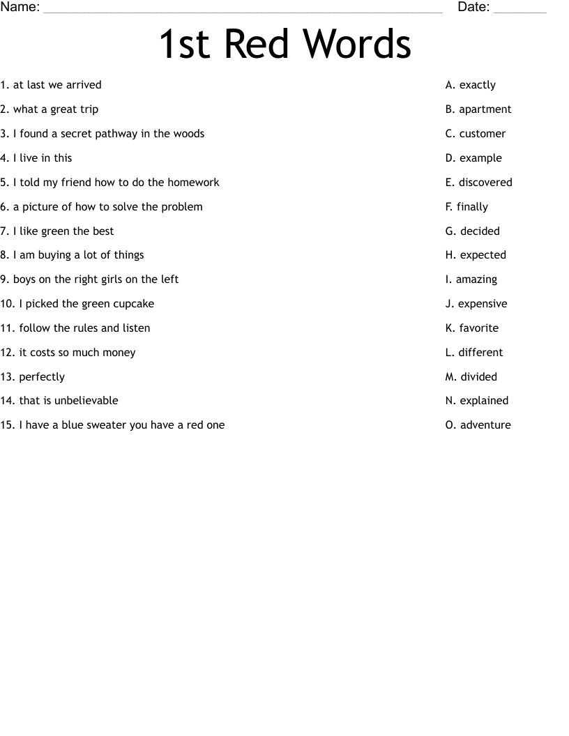 1st Red Words Worksheet
