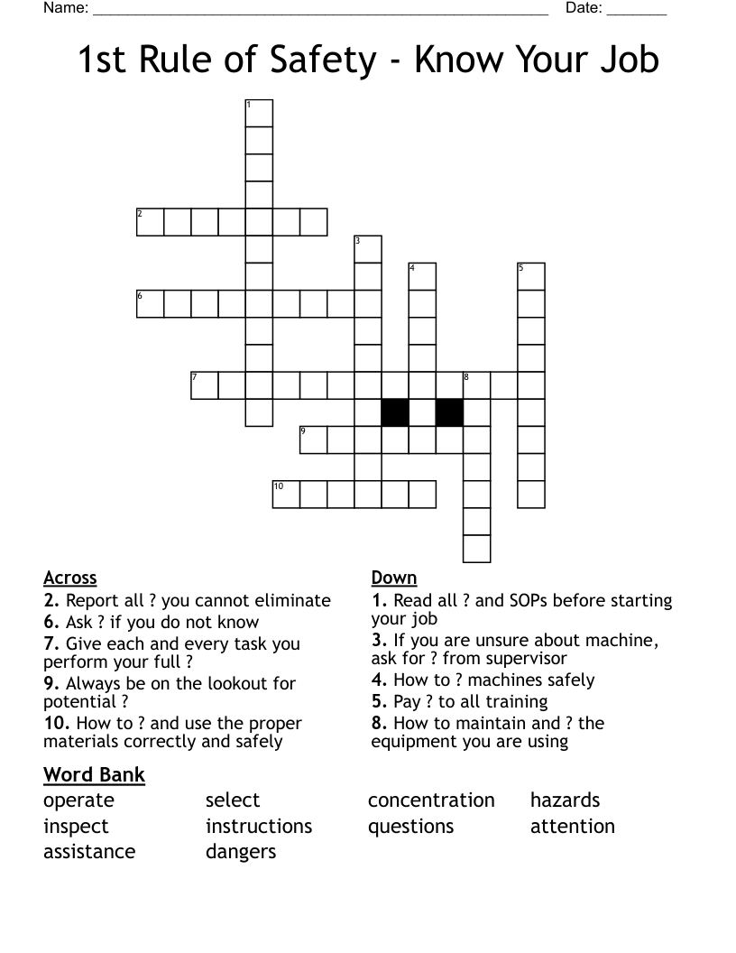 1st Rule of Safety - Know Your Job Crossword