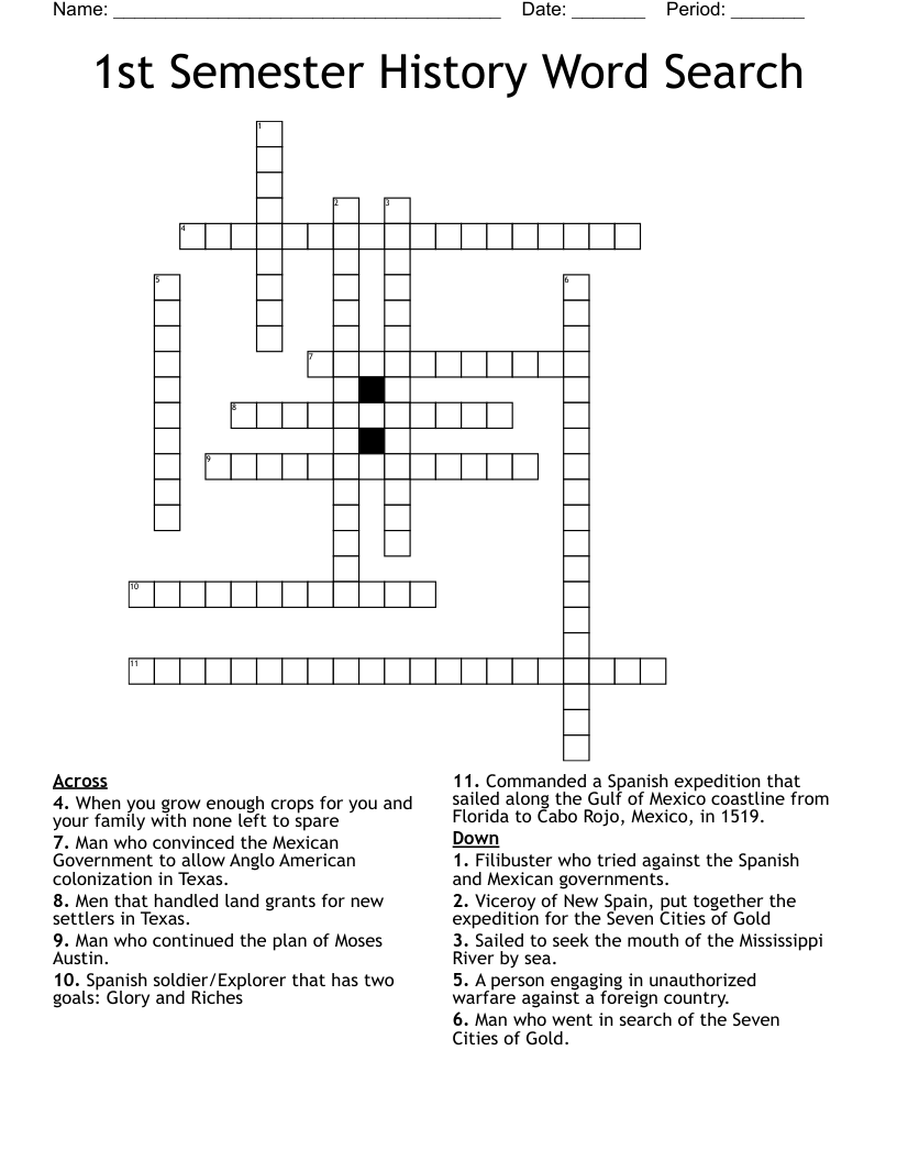 1st Semester History Word Search Crossword