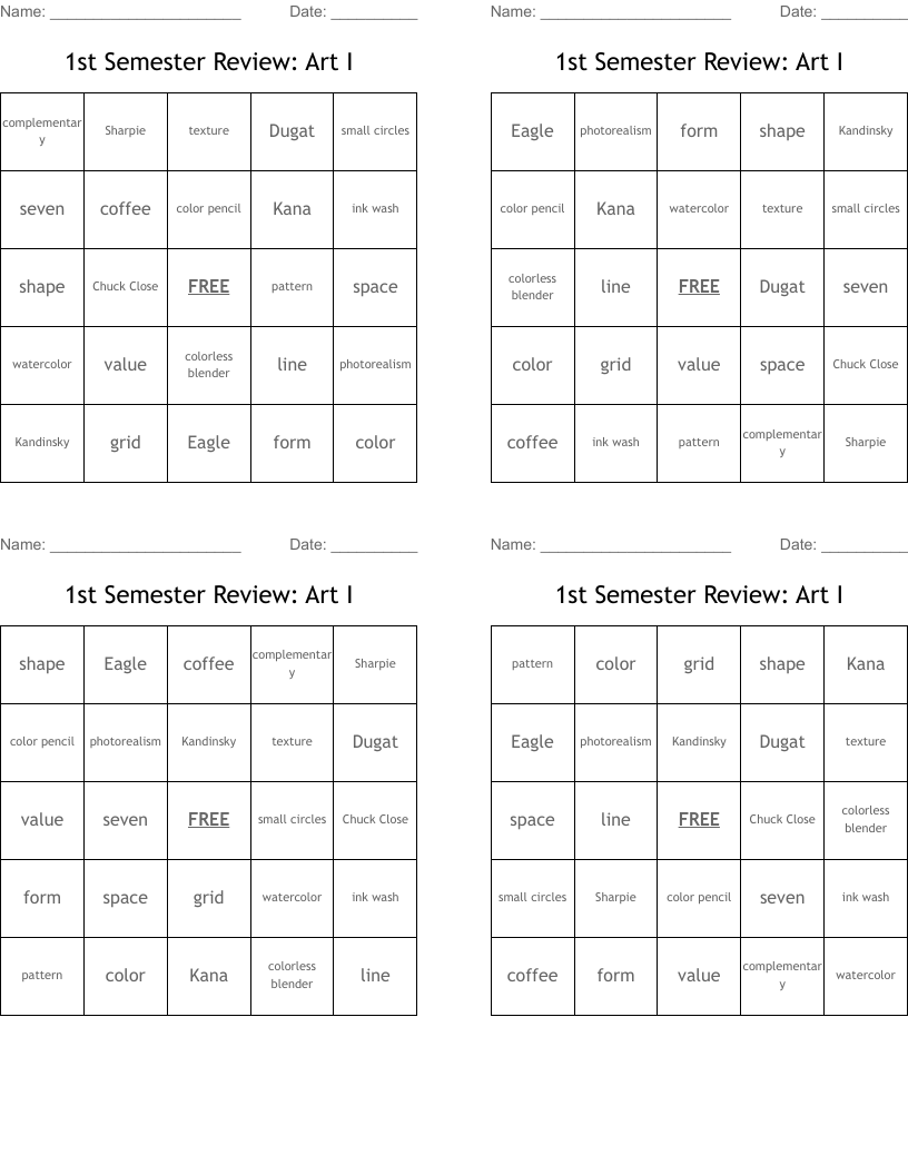1st Semester Review: Art I Bingo Cards