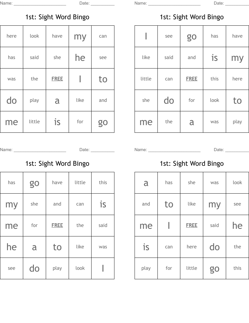 1st: Sight Word Bingo