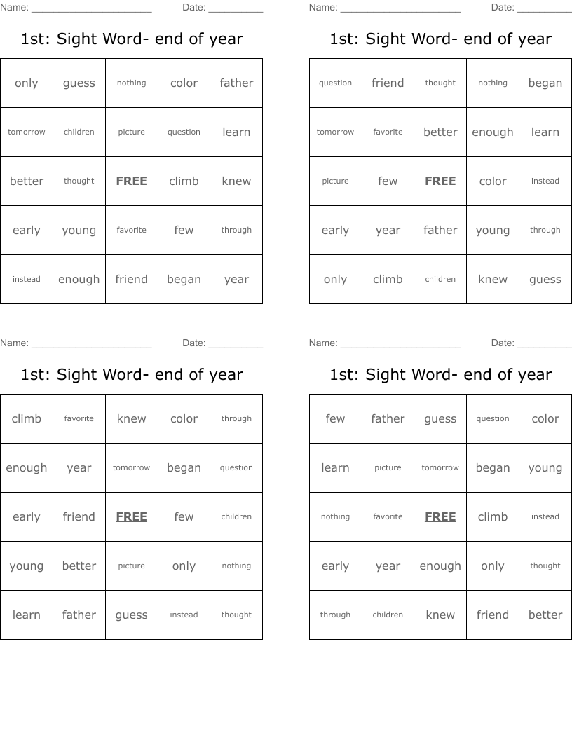 1st: Sight Word- end of year Bingo Cards