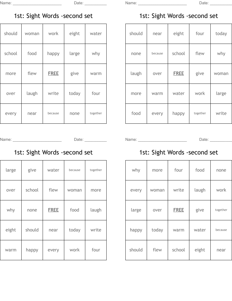 1st: Sight Words -second set Bingo Cards