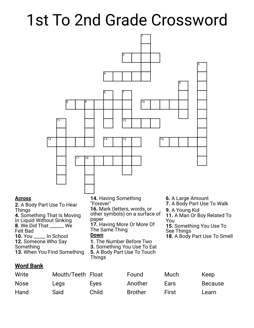 1st To 2nd Grade Crossword