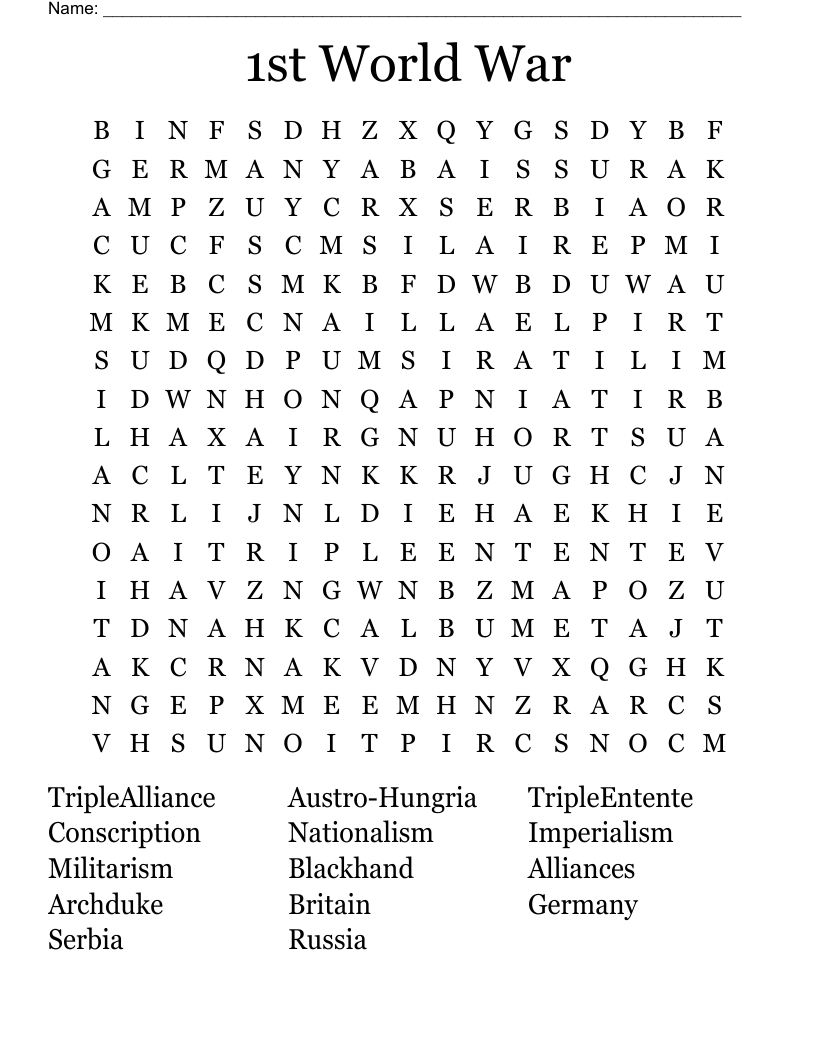 1st World War Word Search