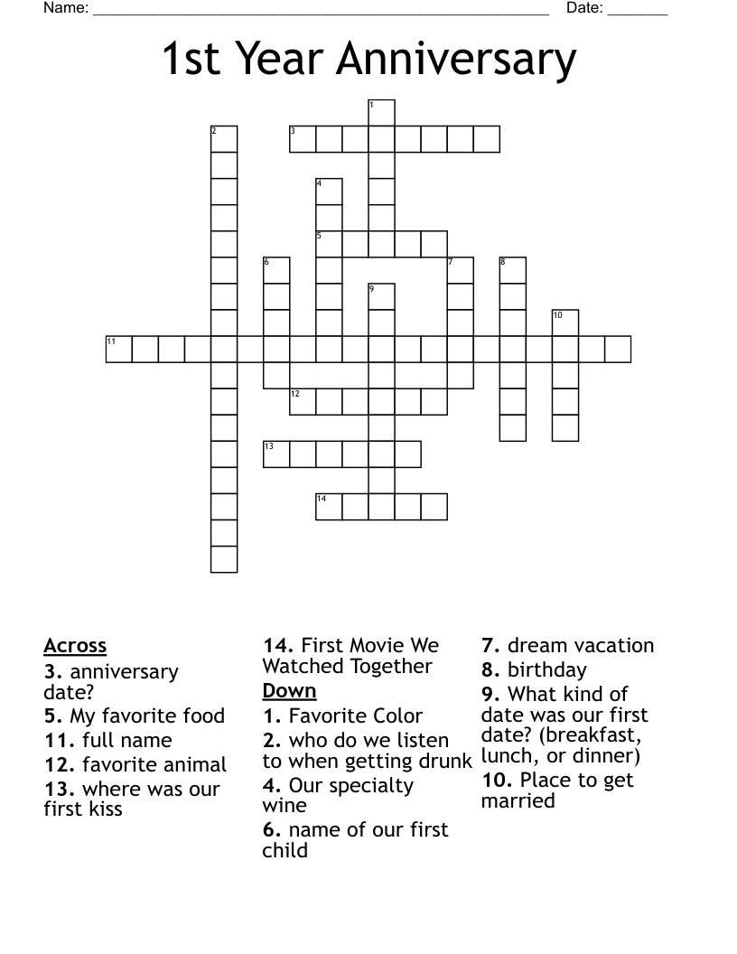 1st Year Anniversary Crossword