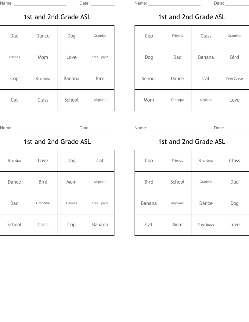 1st and 2nd Grade ASL Bingo Cards