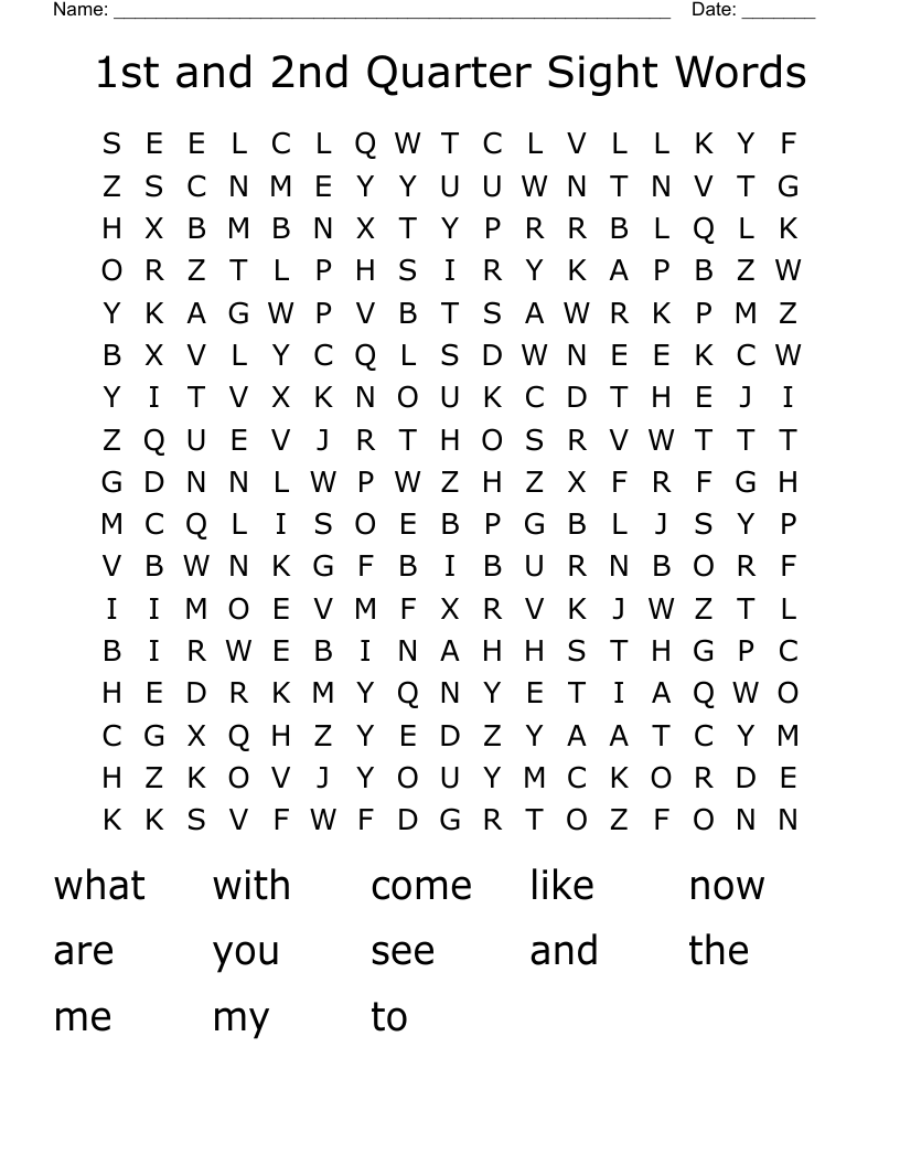 1st and 2nd Quarter Sight Words Word Search