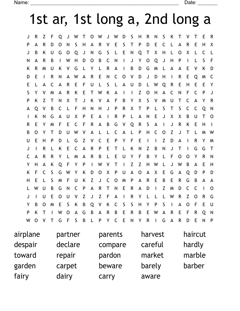 1st ar, 1st long a,  2nd long a  Word Search