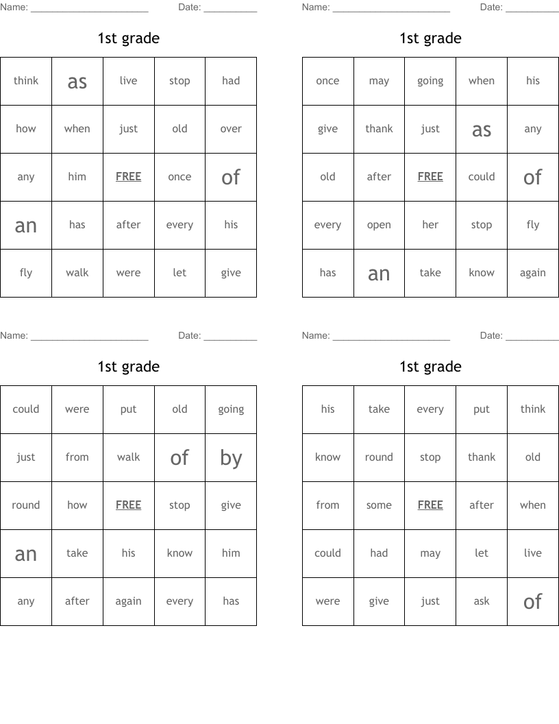 1st grade Bingo Cards