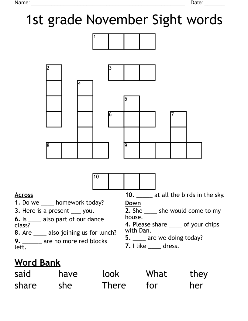 1st grade November Sight words Crossword