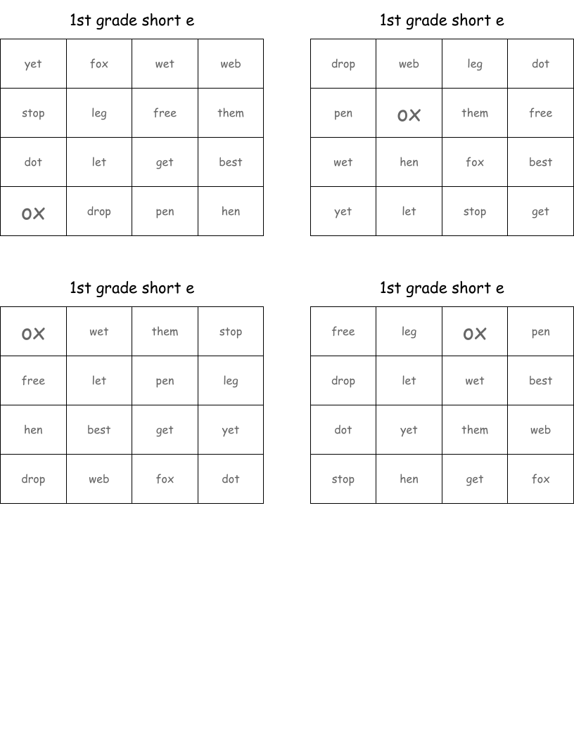 1st grade short e Bingo Cards