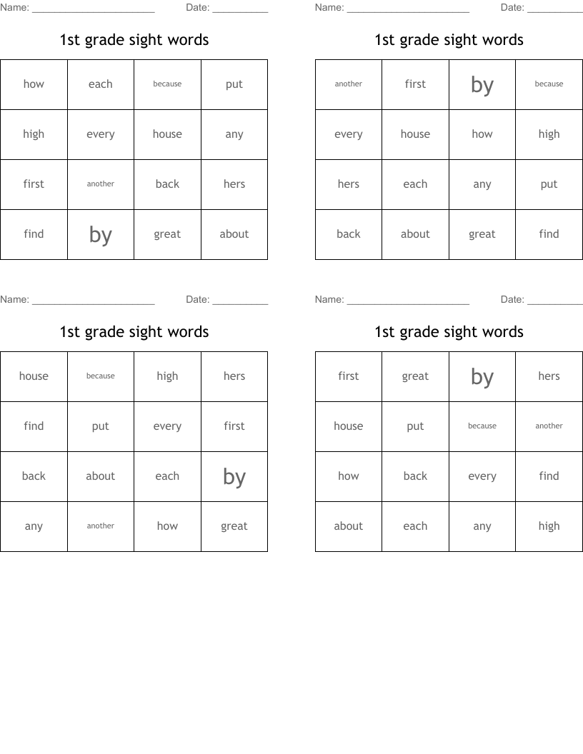 1st grade sight words Bingo Cards