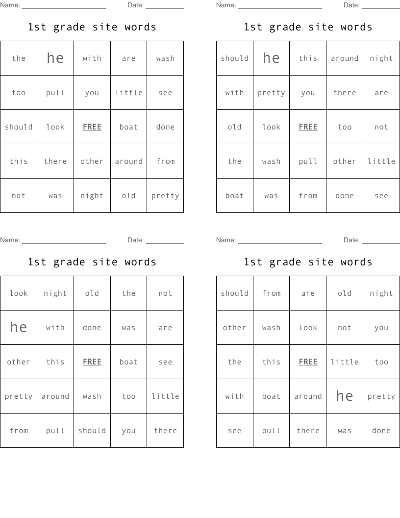 1st grade site words  Bingo Cards