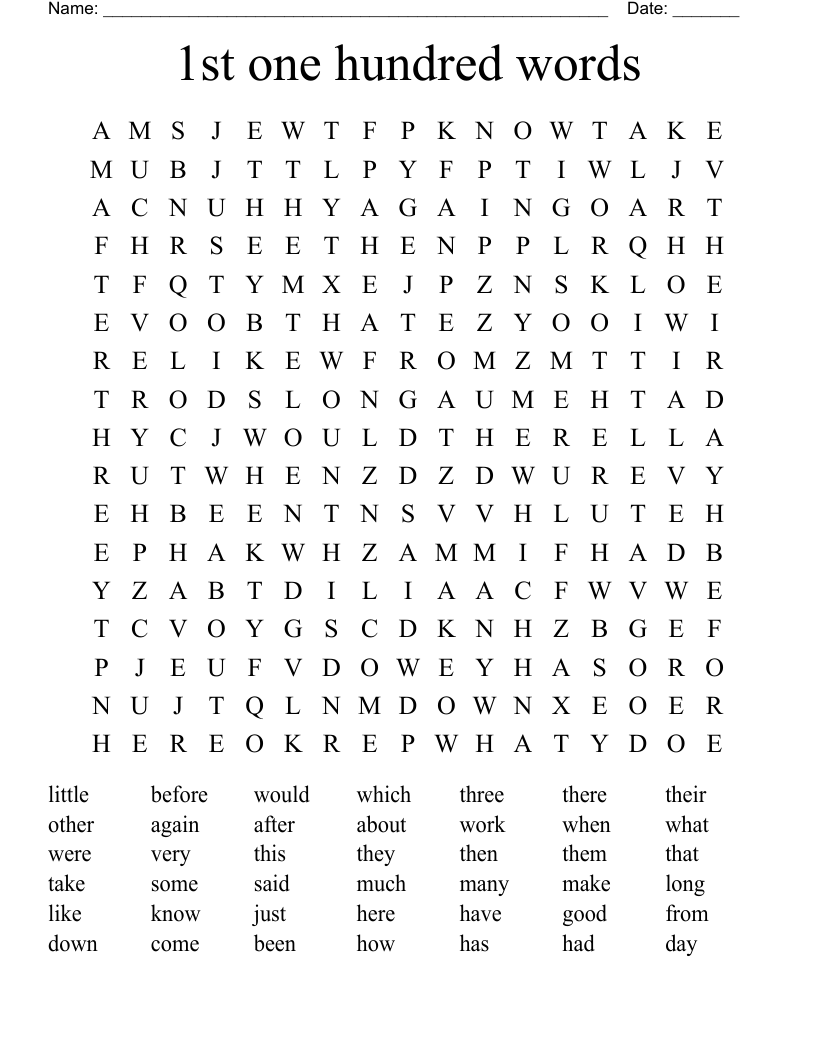 1st one hundred words Word Search