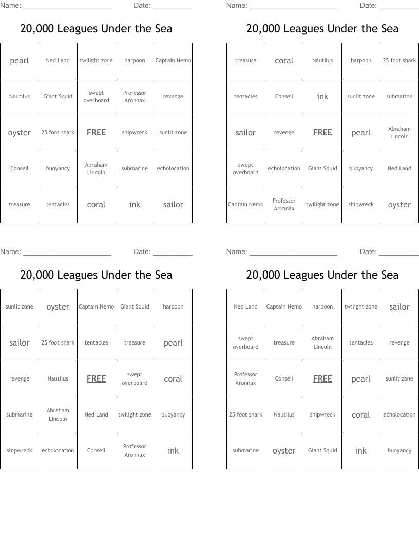 20,000 Leagues Under the Sea Bingo Cards
