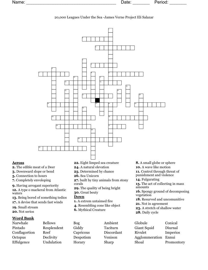 20,000 Leagues Under the Sea                                                                               -James Verne Project Eli Salazar Crossword
