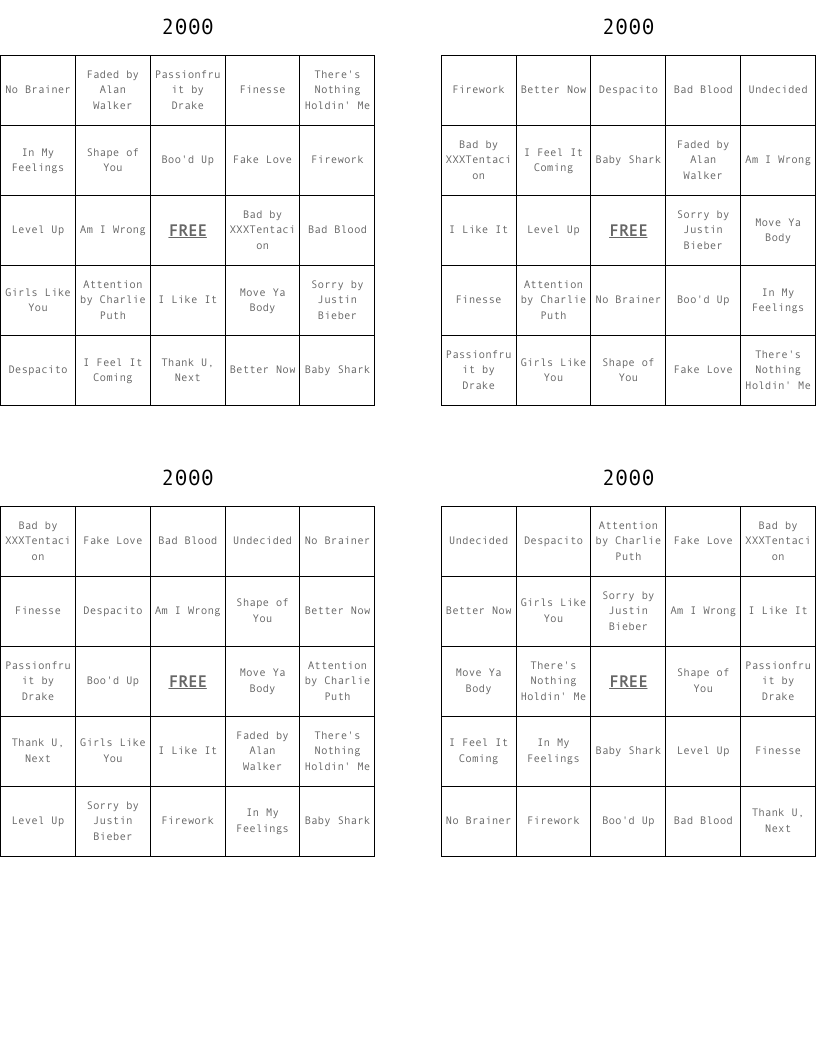 2000 Bingo Cards