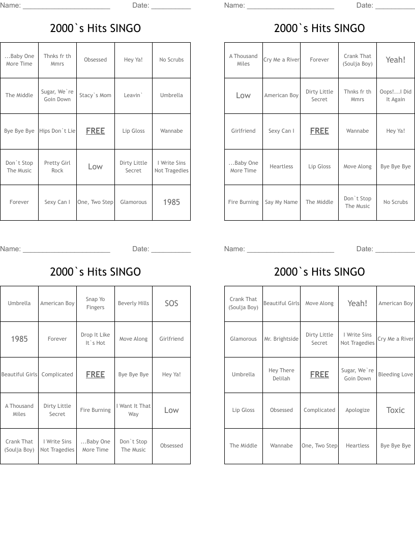 2000`s Hits SINGO Bingo Cards