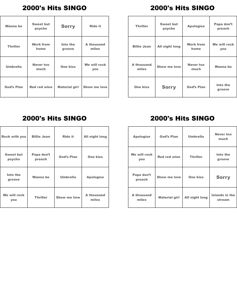 2000's Hits SINGO Bingo Cards