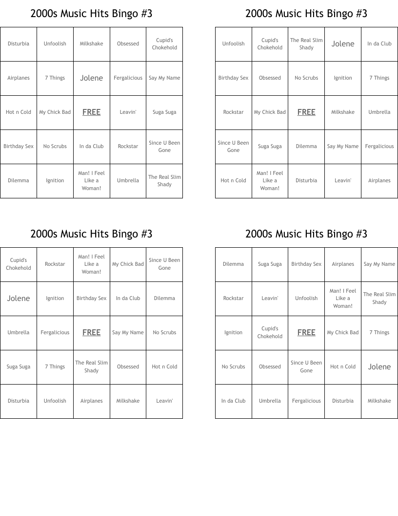 2000s Music Hits Bingo #3
