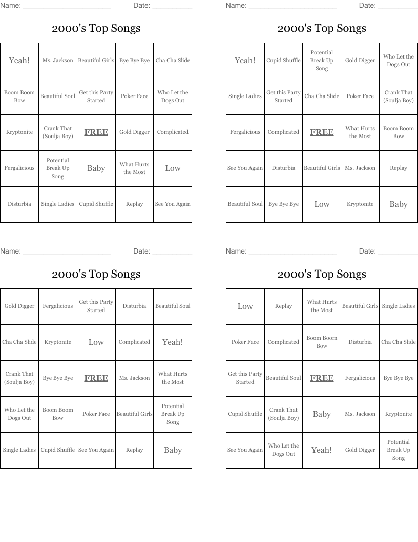 2000's Top Songs Bingo Cards