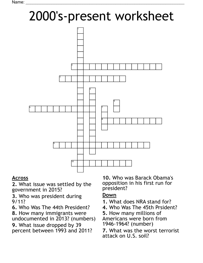 2000's-present worksheet Crossword