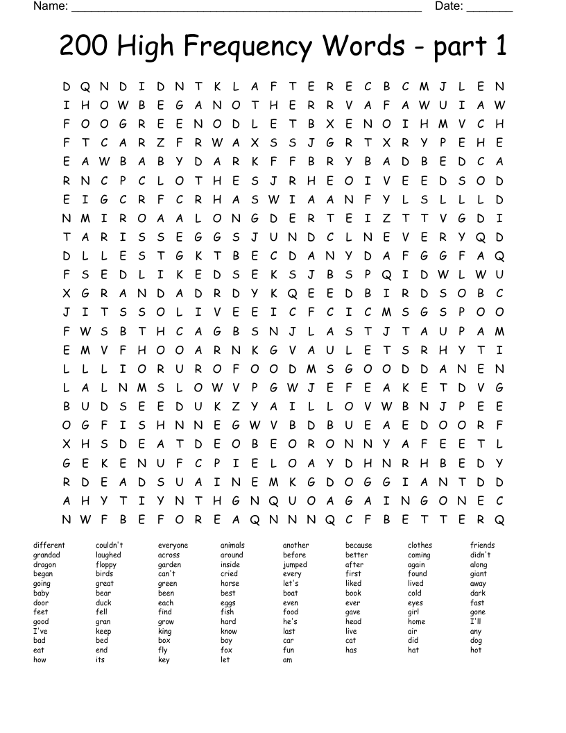 200 High Frequency Words - part 1 Word Search