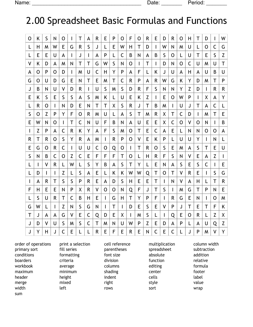 2.00 Spreadsheet Basic Formulas and Functions Word Search