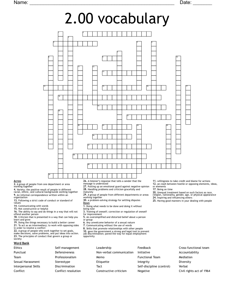 2.00 vocabulary Crossword