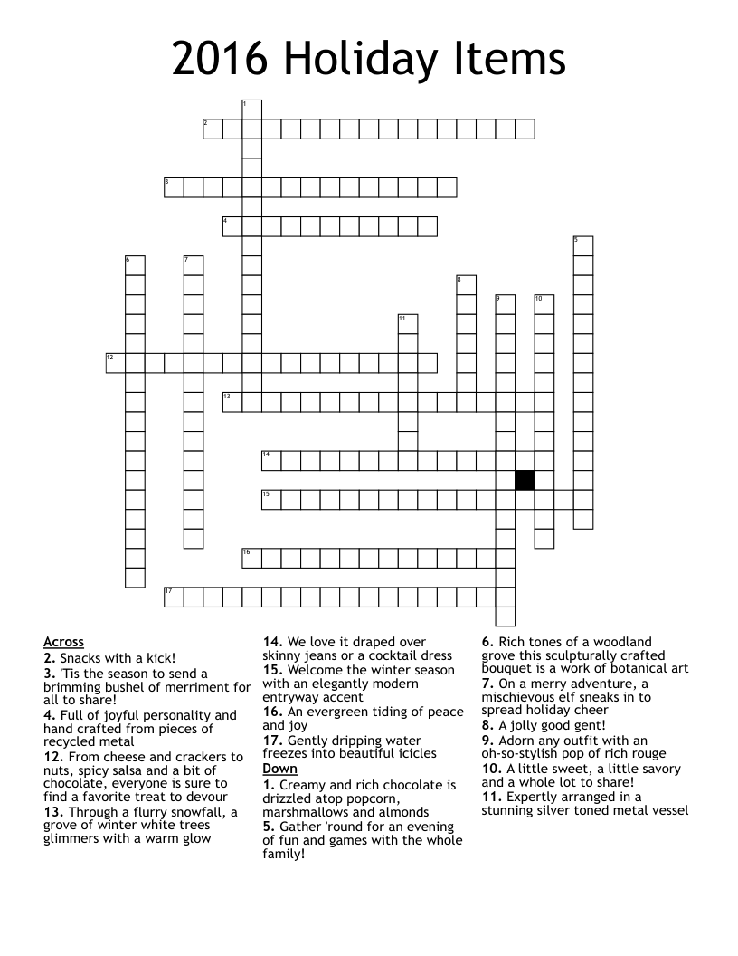 2016 Holiday Items Crossword