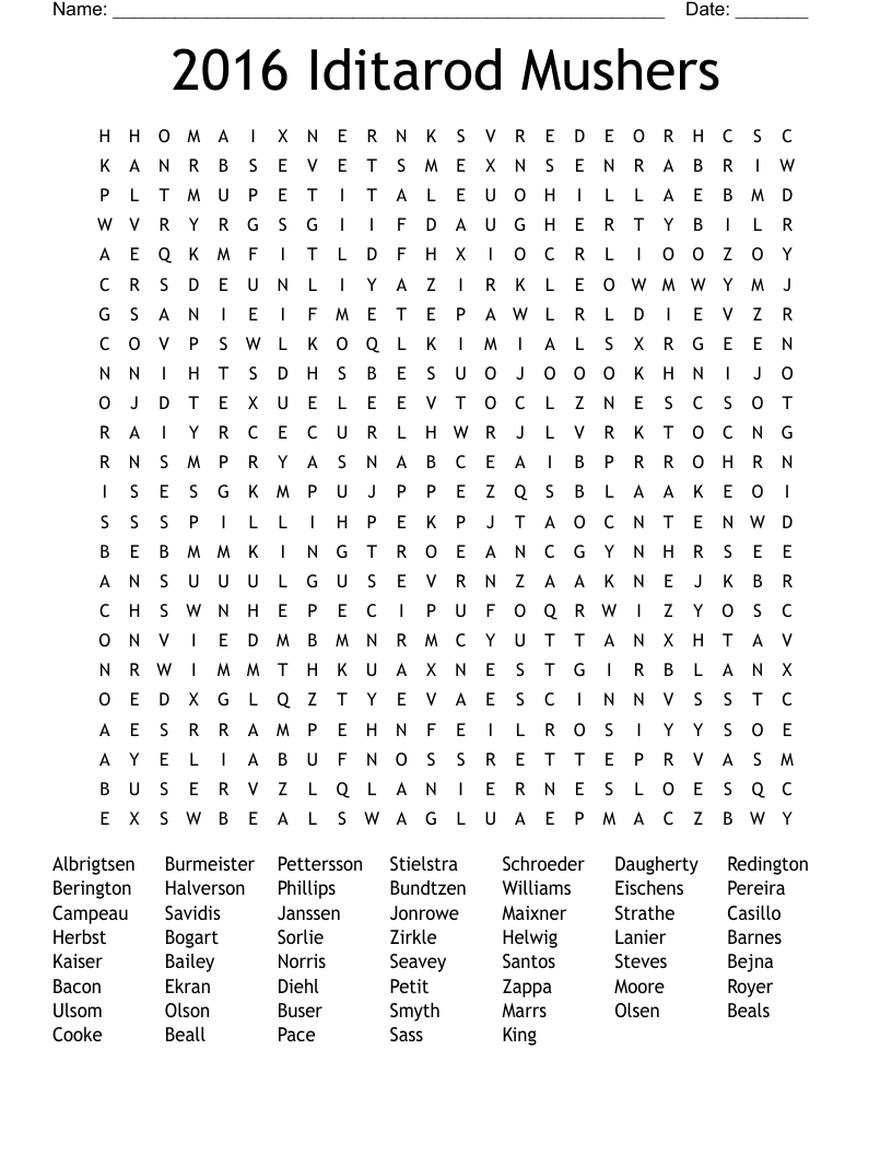 2016 Iditarod Mushers Word Search