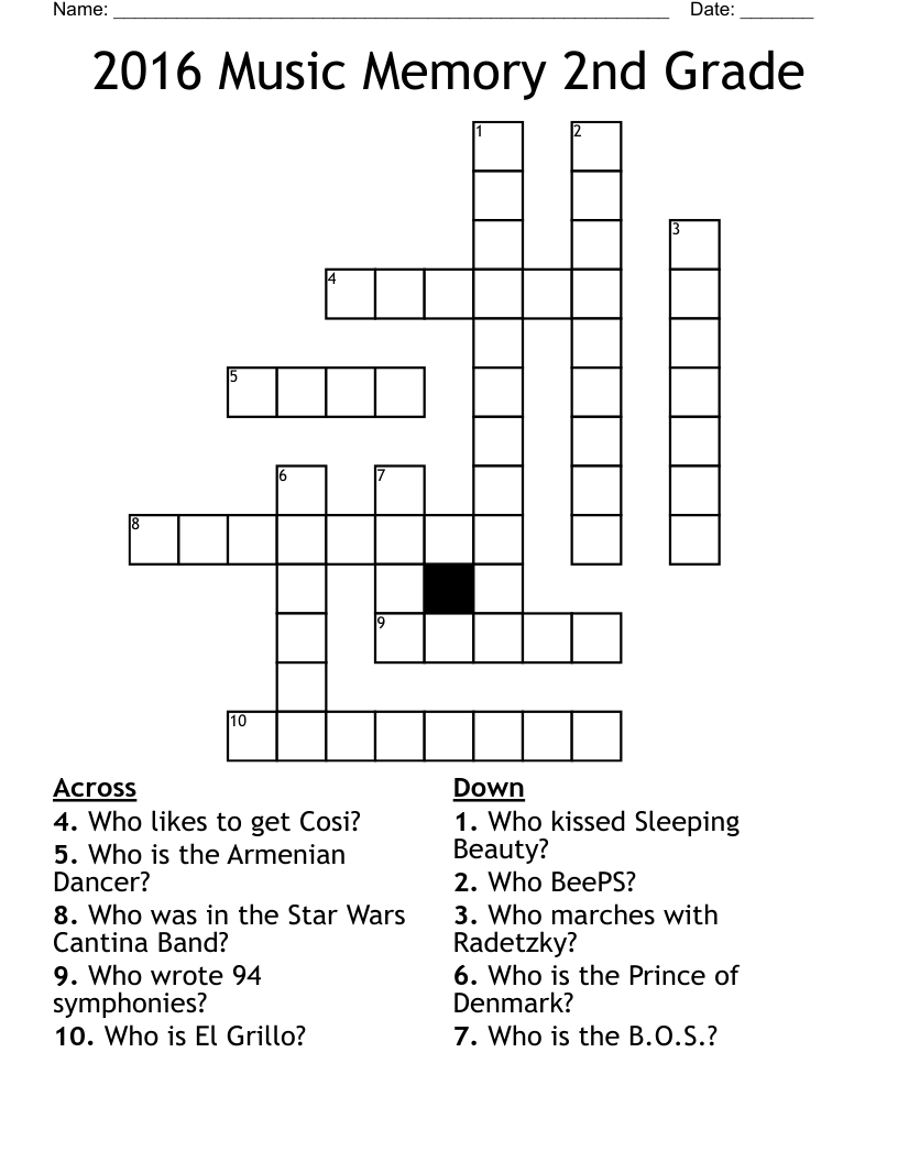2016 Music Memory 2nd Grade Crossword