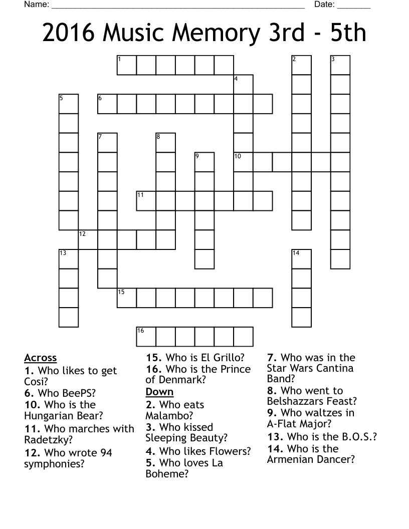 2016 Music Memory 3rd - 5th Crossword