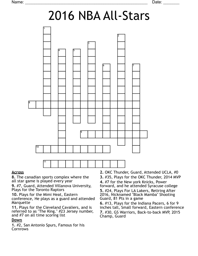 2016 NBA All-Stars Crossword